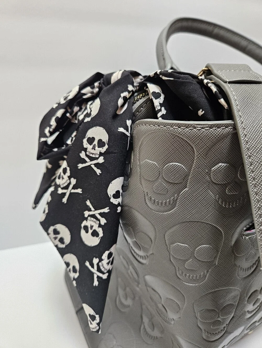 Betsey Johnson Charcoal Gray Embossed Skull Satchel Handbag Purse